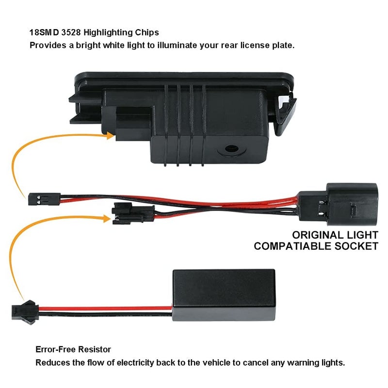 Gempro License Plate Light, LED License Plate Lamp Assembly For Volkswagen VW Golf 4 5 6 GTi CC Rabbit Eos Beetle Porsche Boxster Cayman Cayenne Carrera, Powered by 18SMD Xenon White LED Lights-2pcs - Image 3